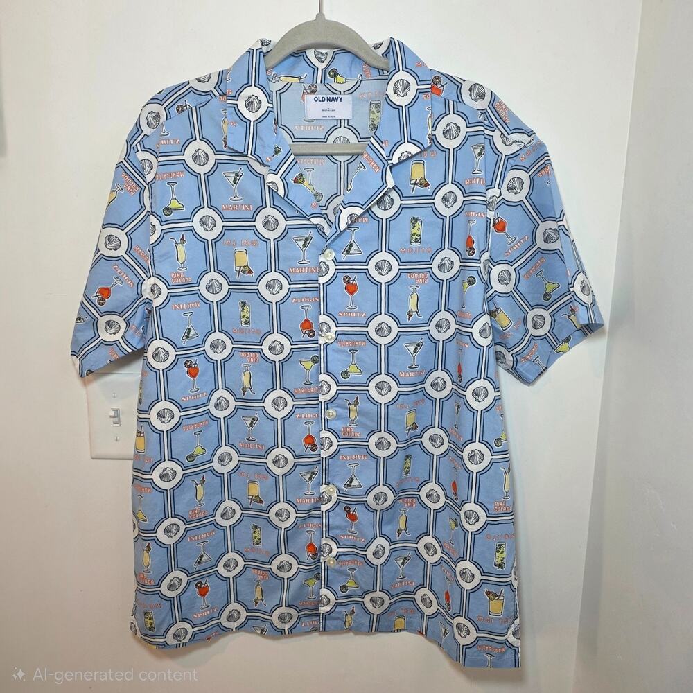 Old Navy Camp Shirt Men's Size L Blue Cocktail Print Margarita